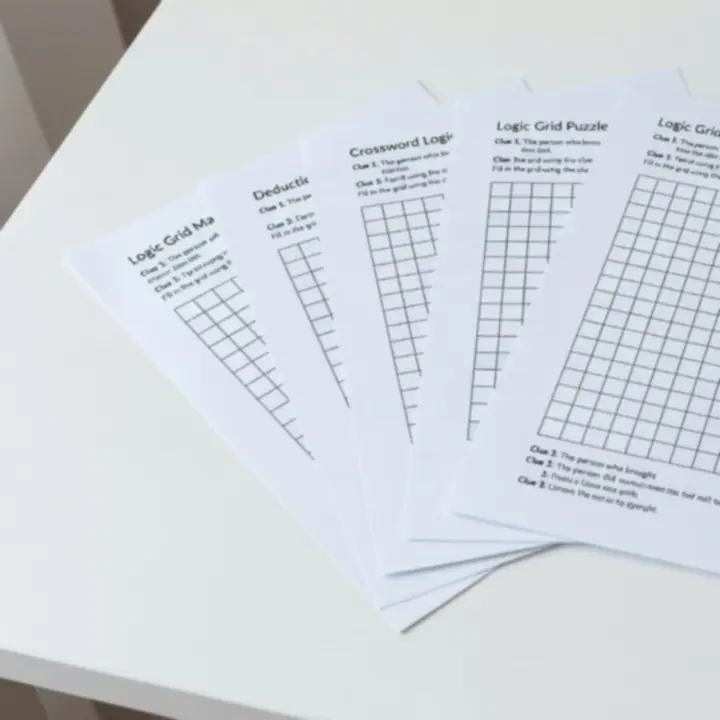 Printable pages of logic grid puzzles arranged for offline solving