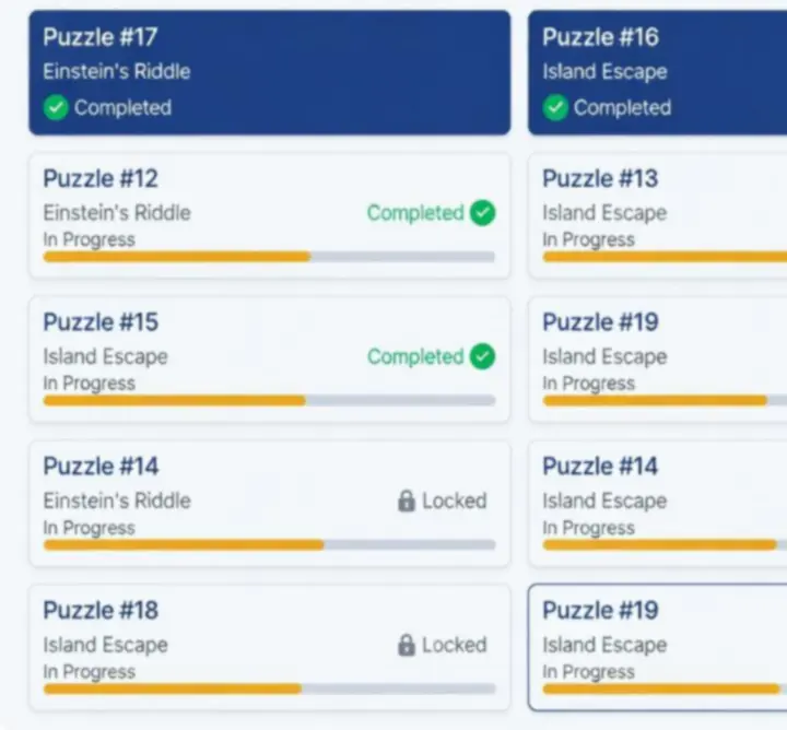 Puzzle browser screen showing visual progress tracking and completion states